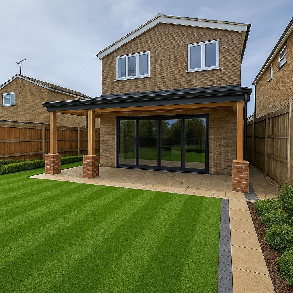 Single storey rear extension with a covered timber pergola, anthracite bi-fold doors and a landscaped garden by DNR Build