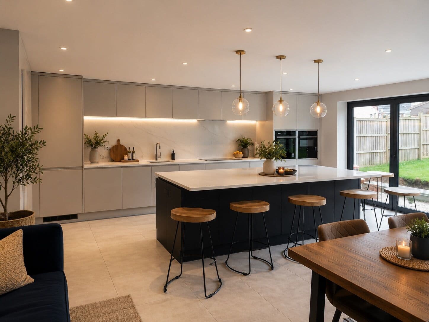 Open-plan kitchen extension with a dark island, oak stools, glass pendant lights and bi-fold doors to the garden by DNR Build