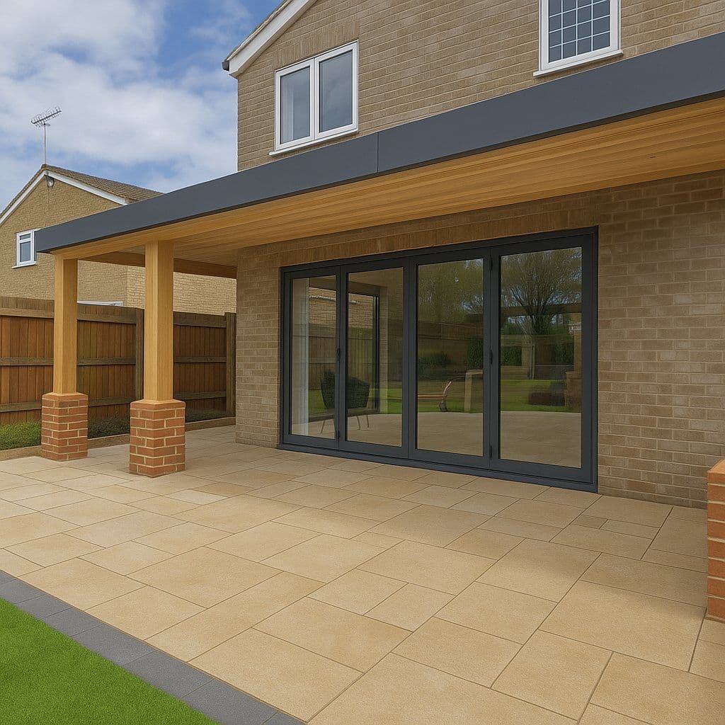 Completed rear home extension with landscaped patio and bi-fold doors by DNR Build