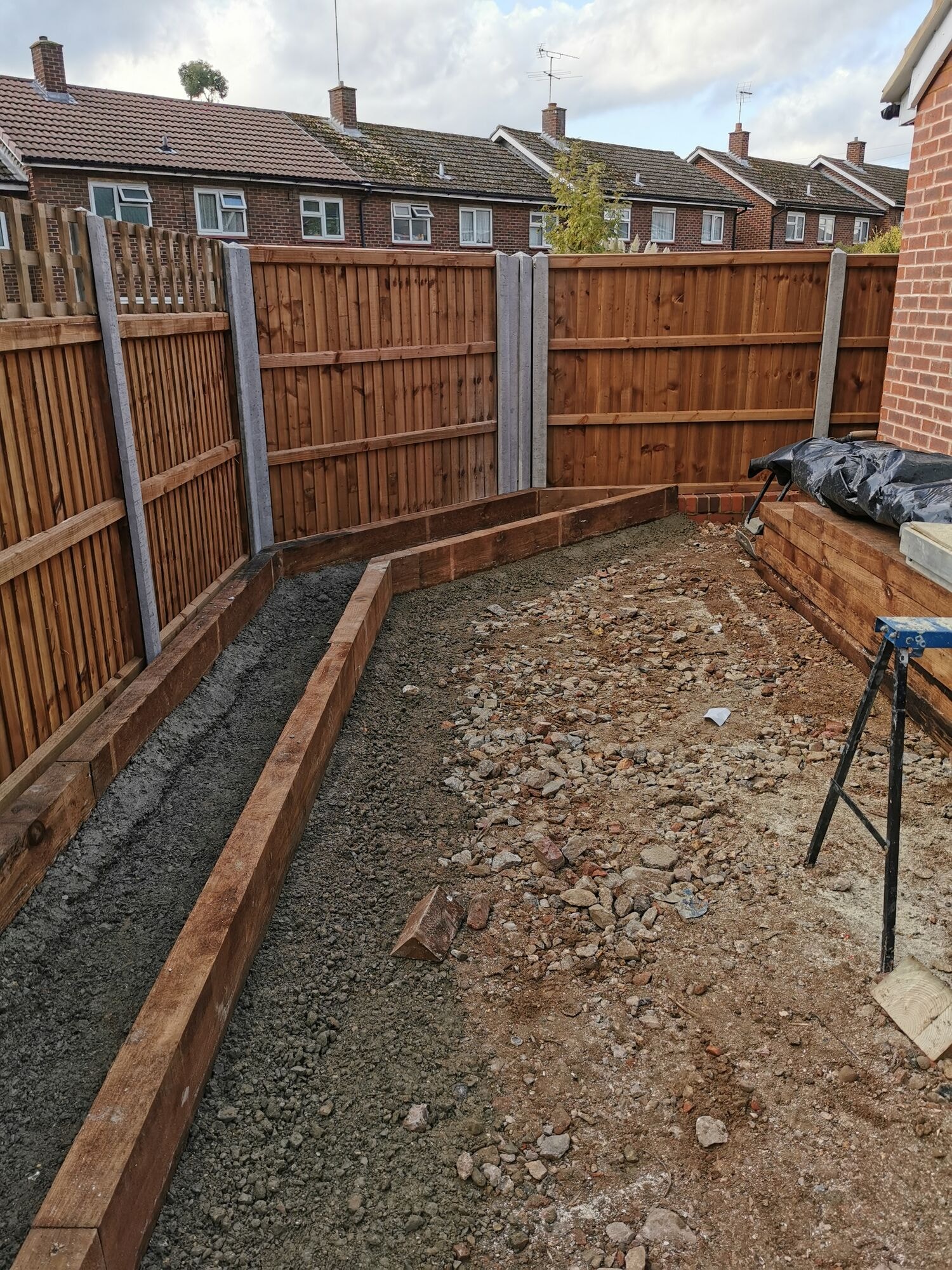 Sleeper retaining beds and prepared ground running down the side of the garden by DNR Build